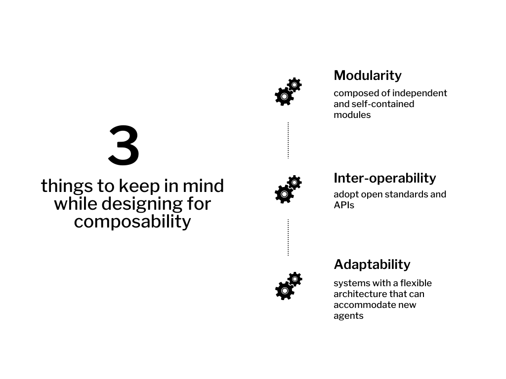 3 things to keep in mind while designing for composability: modularity, inter-operability and adaptability