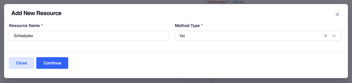 Integrated account showing the Custom Resource Modal to add resource name and method type