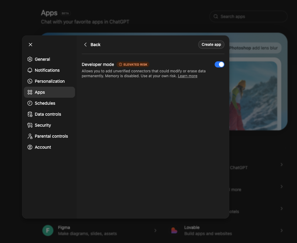 ChatGPT advanced settings menu showing the Developer mode toggle switch enabled