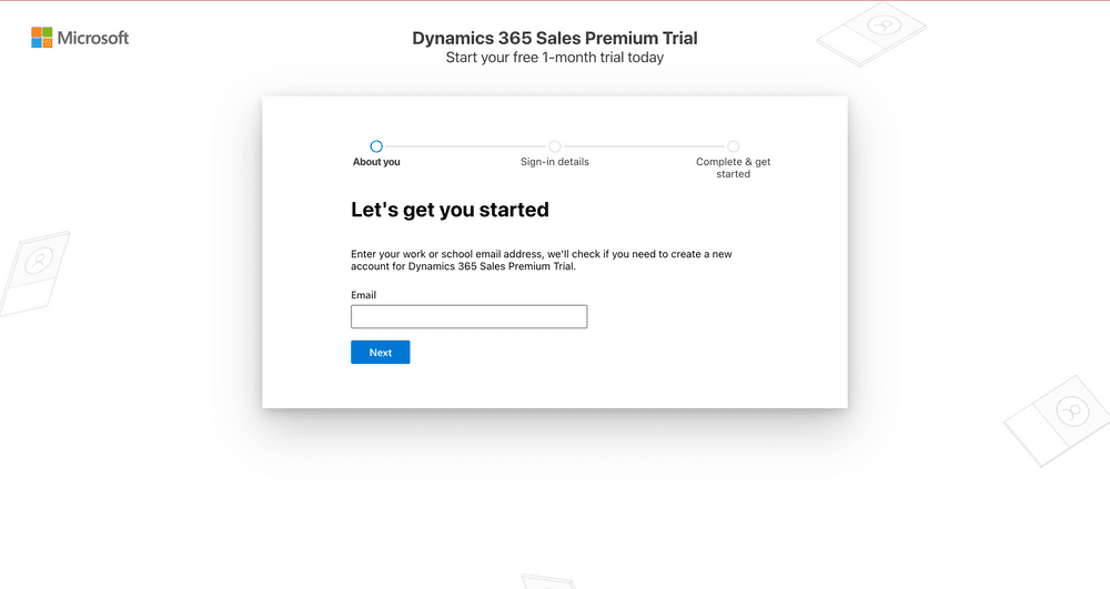 Dynamics 365 Sales Premium Trial signup page with an email input field to start the 1-month trial.
