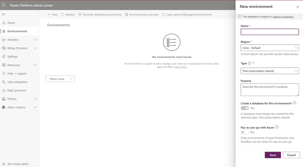 Power Platform admin center showing the New environment pane to configure trial subscription details.