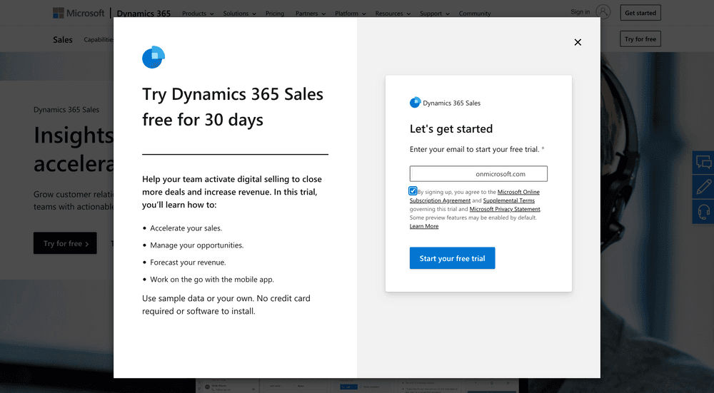 Dynamics 365 Sales trial registration modal with an email field for starting the 30-day free trial.