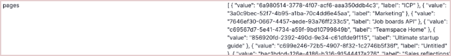 JSON output showing selected Notion pages stored as variables with unique IDs and labels like ICP and Marketing.