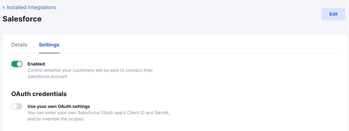 Salesforce integration settings with toggles for enabling the account and using custom OAuth credentials.