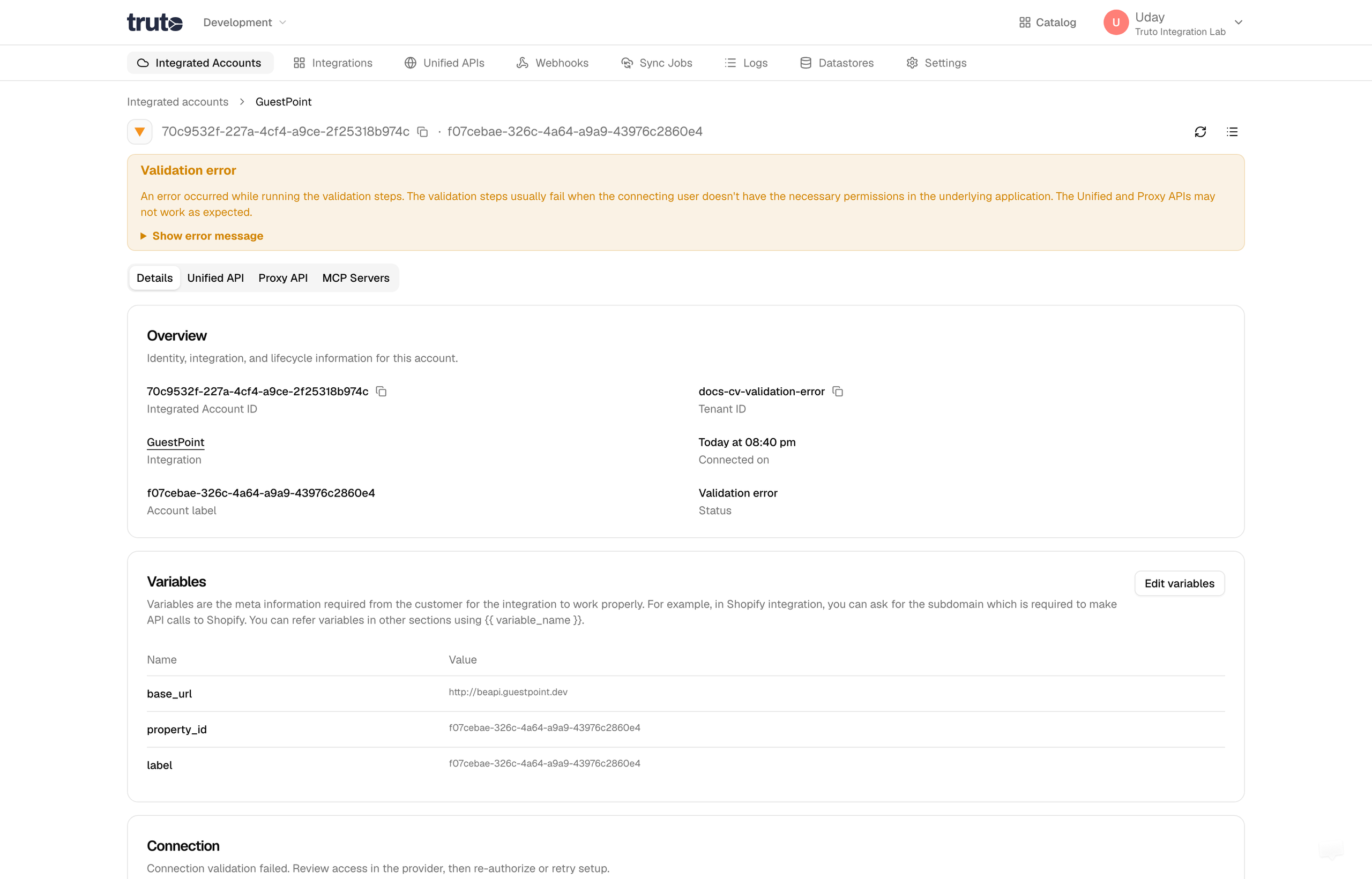 Connection Validation Unsuccessful