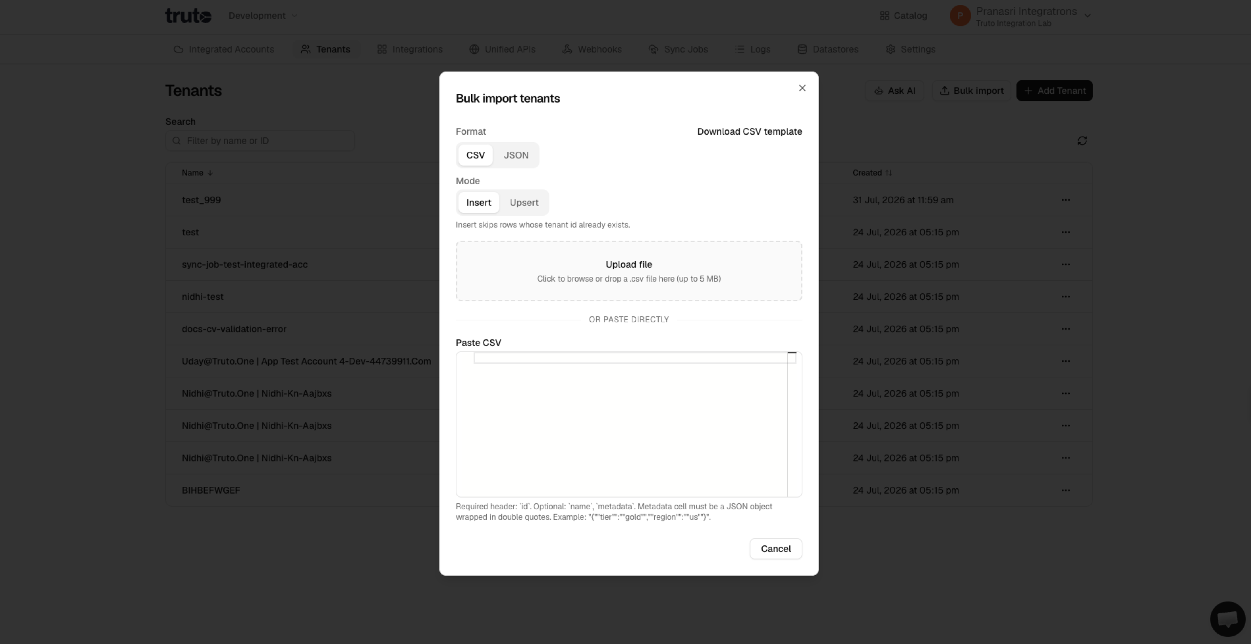 Bulk import tenants modal