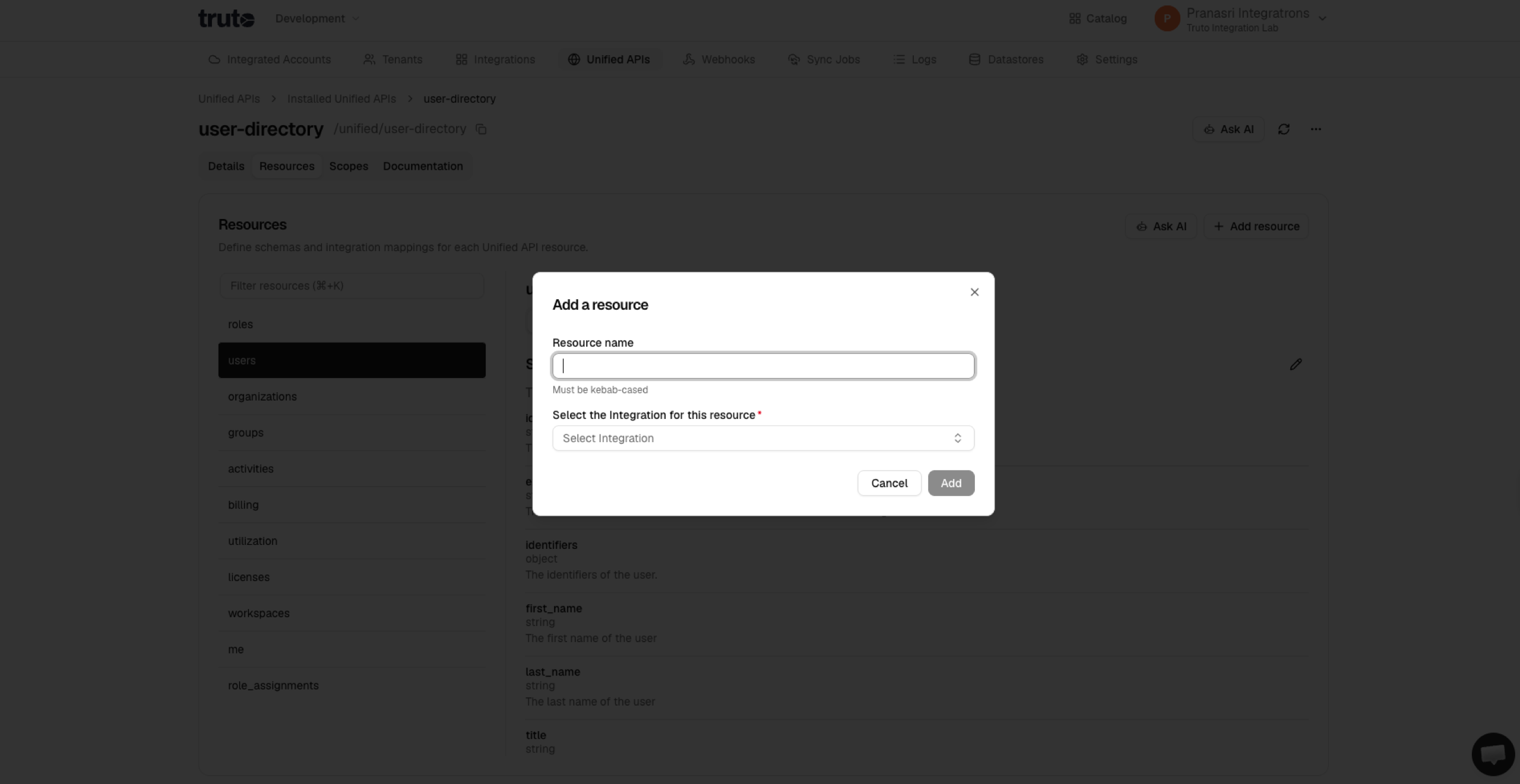 Add a resource modal