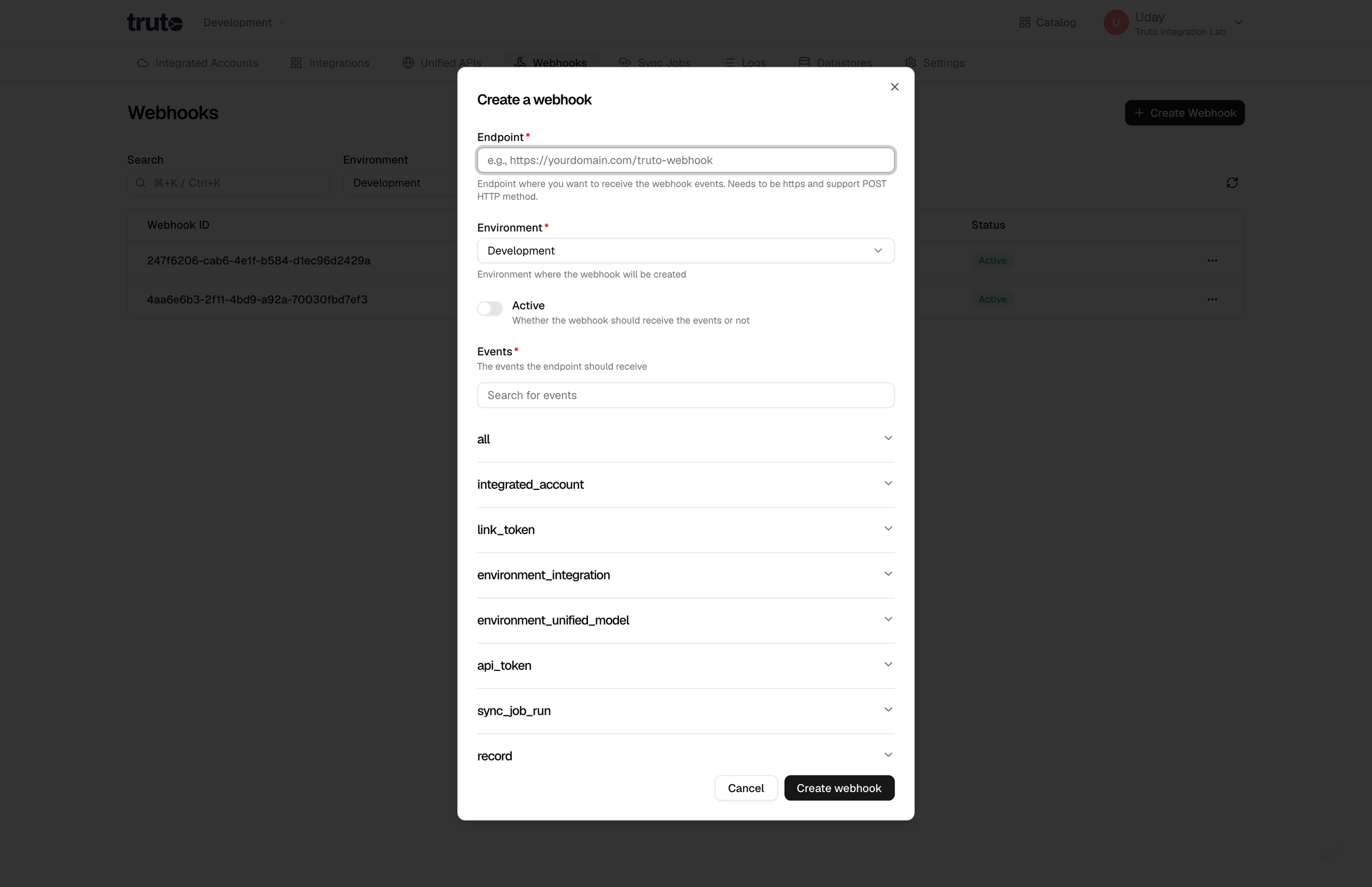 Creating a Webhook page
