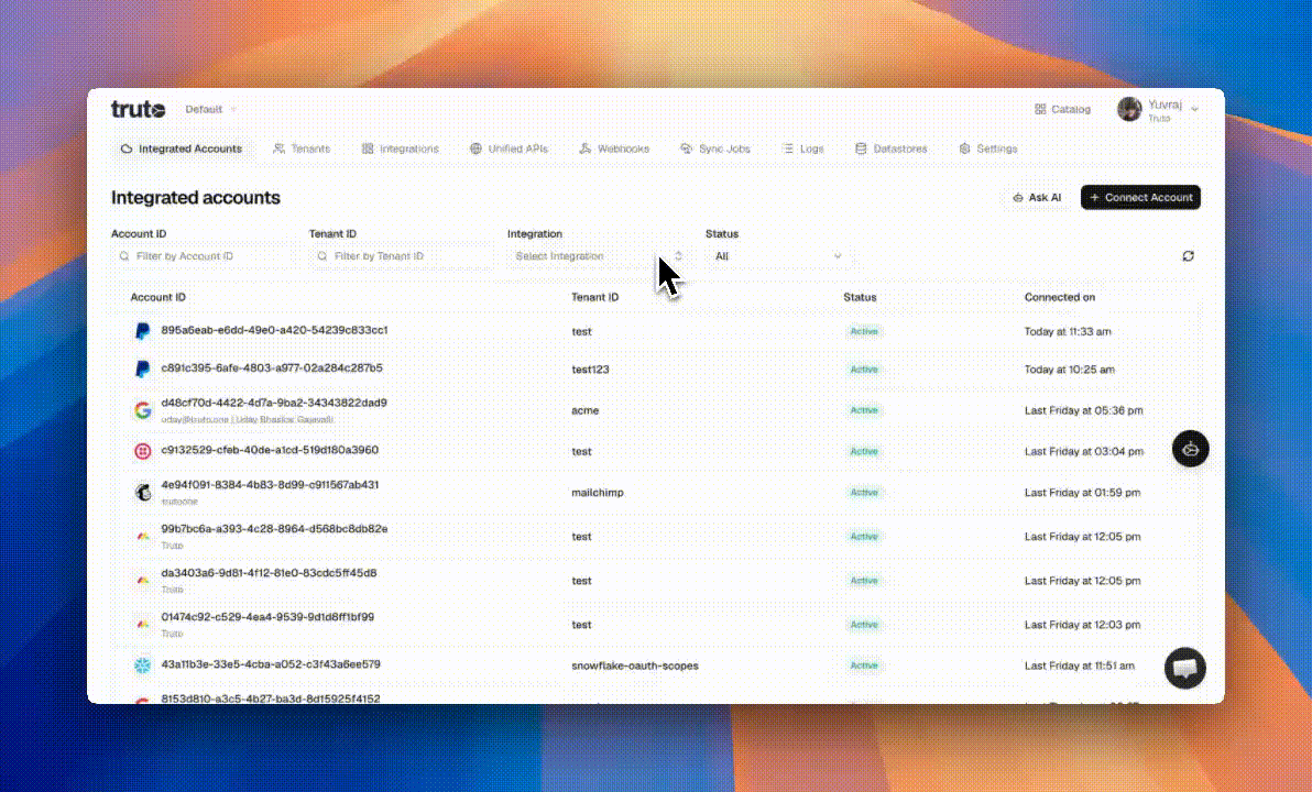 Contextual Ask AI button opening Truto Assistant from Integrated accounts
