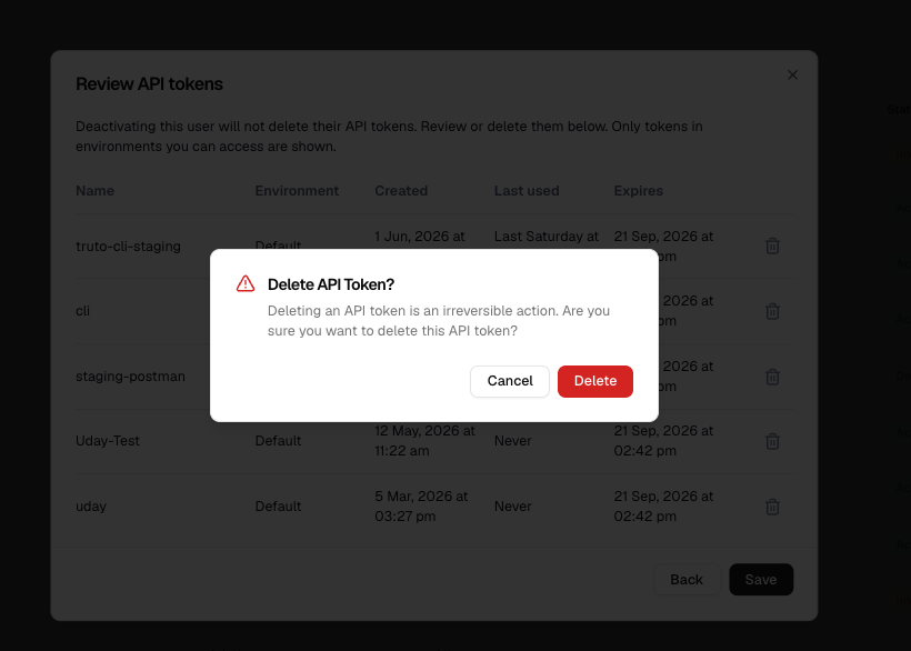 Delete API token confirmation dialog in the review flow