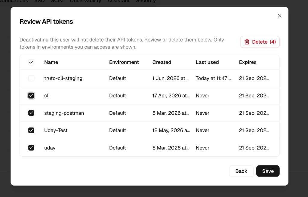 Review API tokens modal with multi-select checkboxes and bulk Delete action