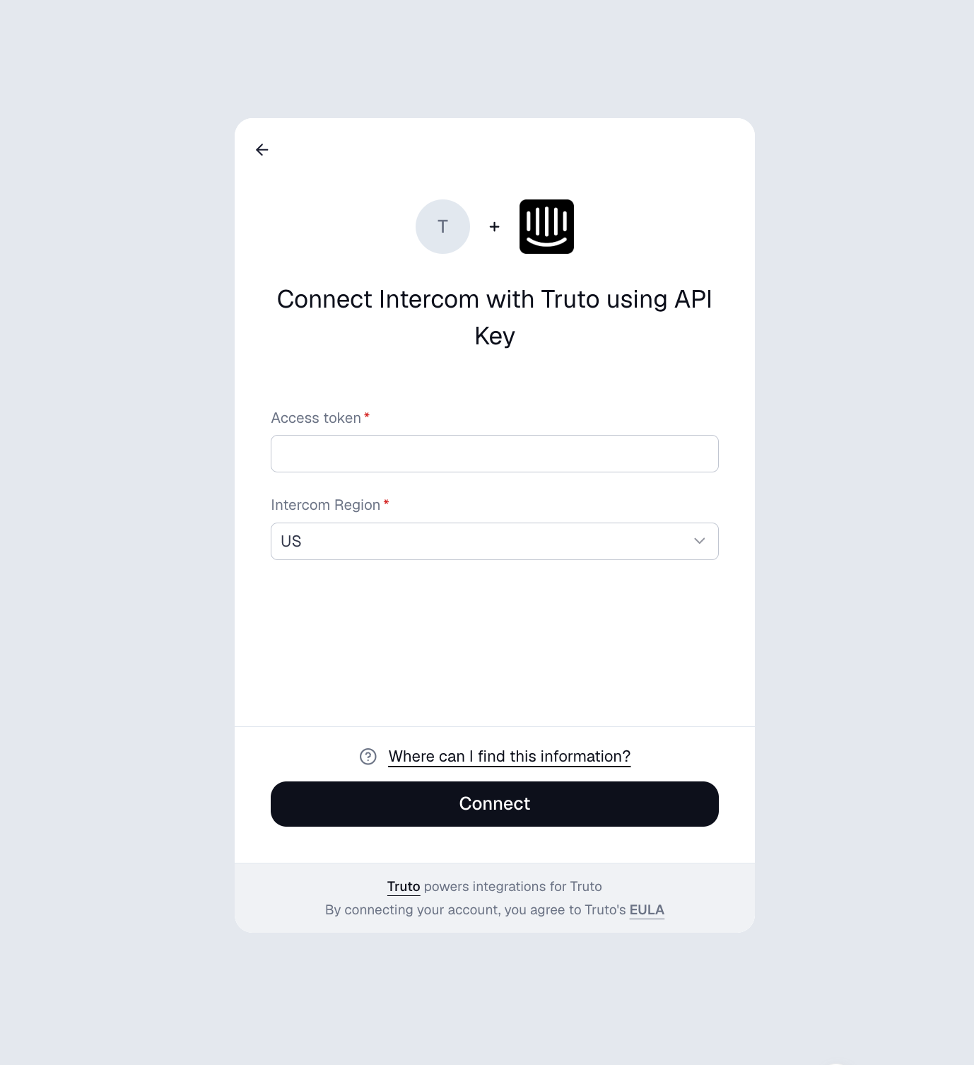 Connect UI for Intercom with API Key selected, showing the normal connection form with no warning