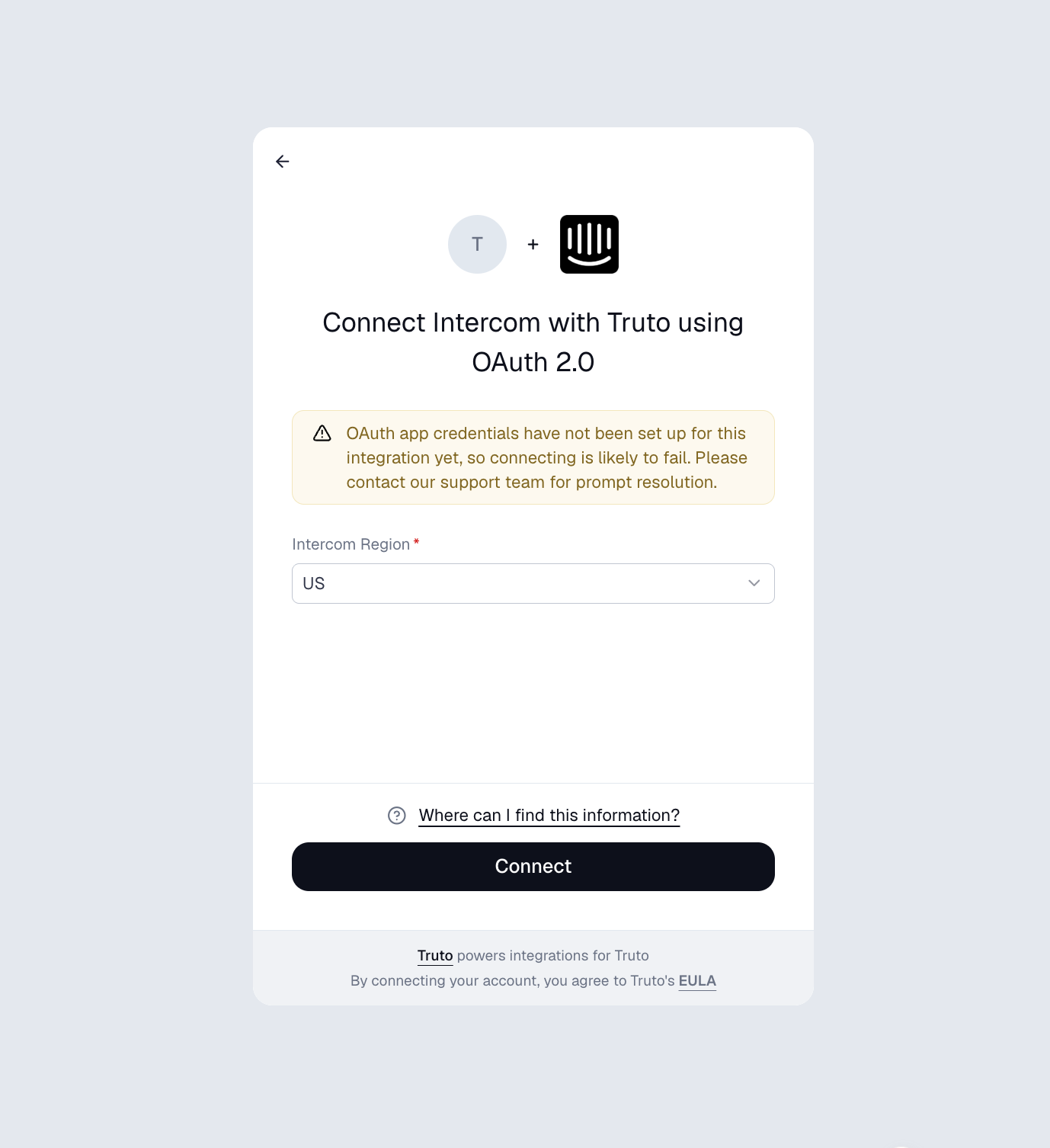 Connect UI for Intercom with OAuth 2.0 selected, showing a warning that connecting is likely to fail and to contact support