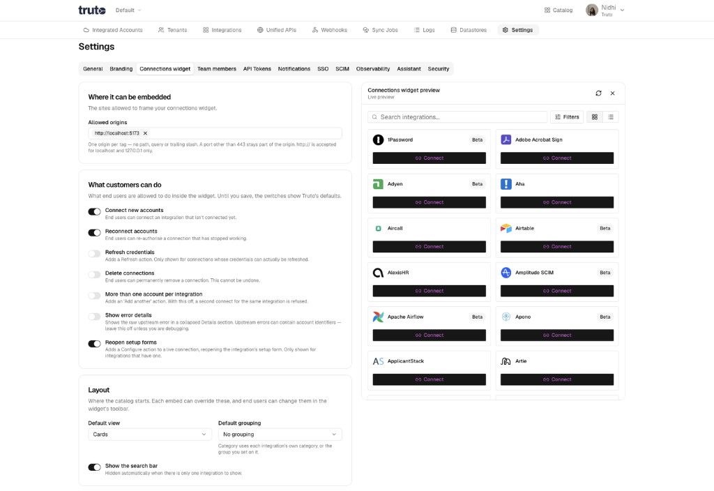 Connections widget settings page with allowed origins, end-user actions, and layout options alongside a live preview
