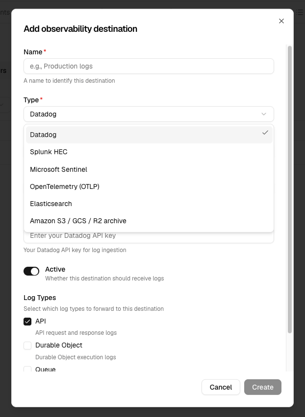Add observability destination dialog listing Datadog, Splunk HEC, Microsoft Sentinel, OpenTelemetry (OTLP), Elasticsearch, and Amazon S3 / GCS / R2 archive