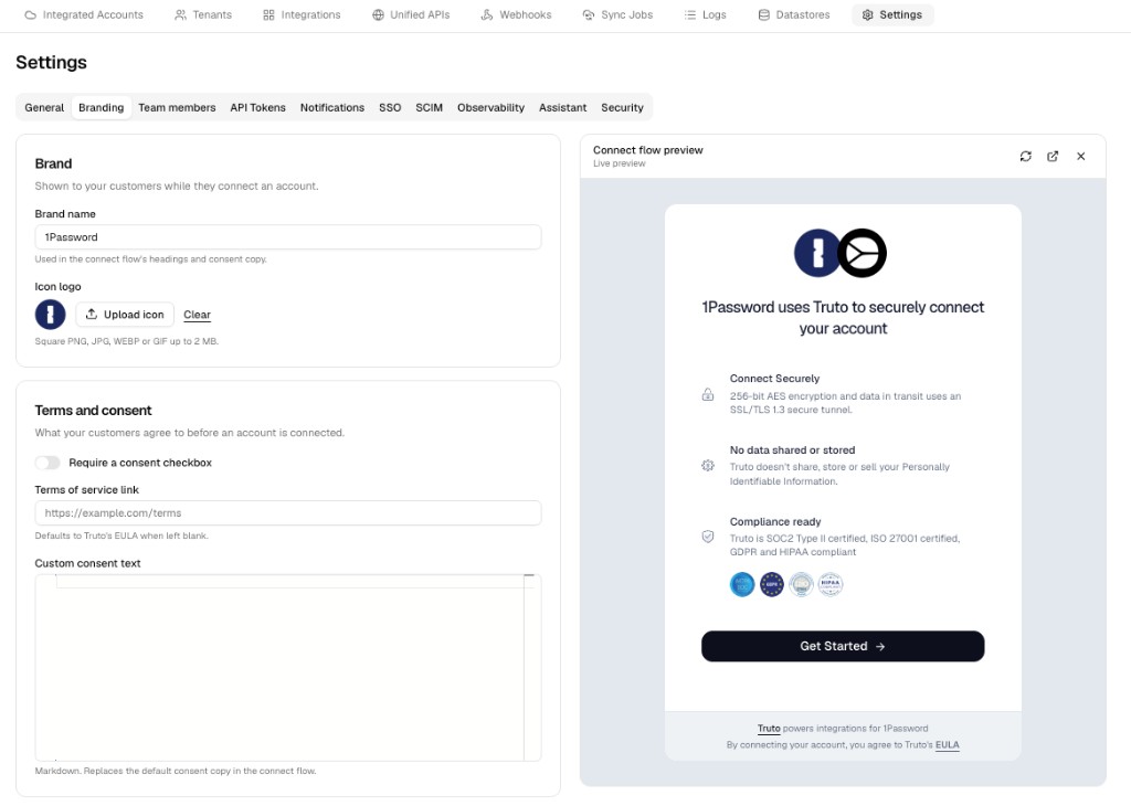 Settings Branding page with brand settings and live connect flow preview