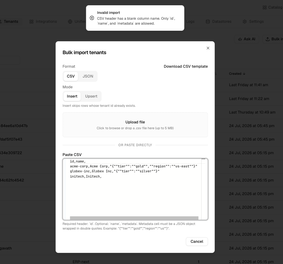 Bulk import tenants validation error for a blank CSV column name
