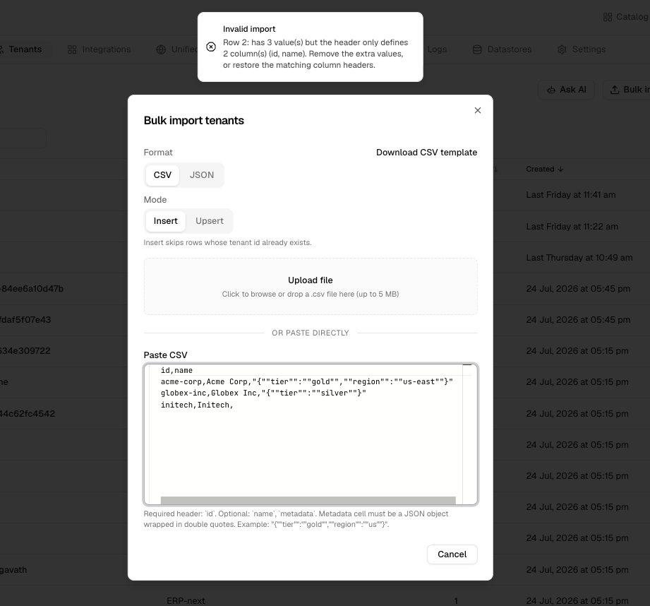Bulk import tenants validation error when a row has more values than headers