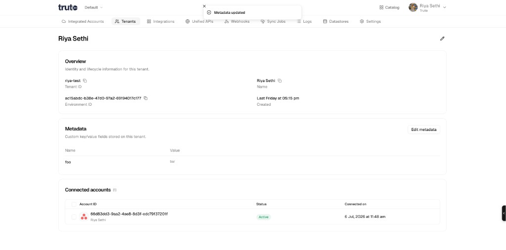Tenant detail page with overview, metadata, and connected accounts