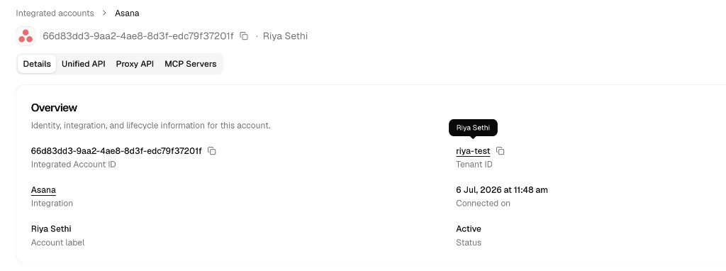 Integrated account details showing the linked Tenant ID