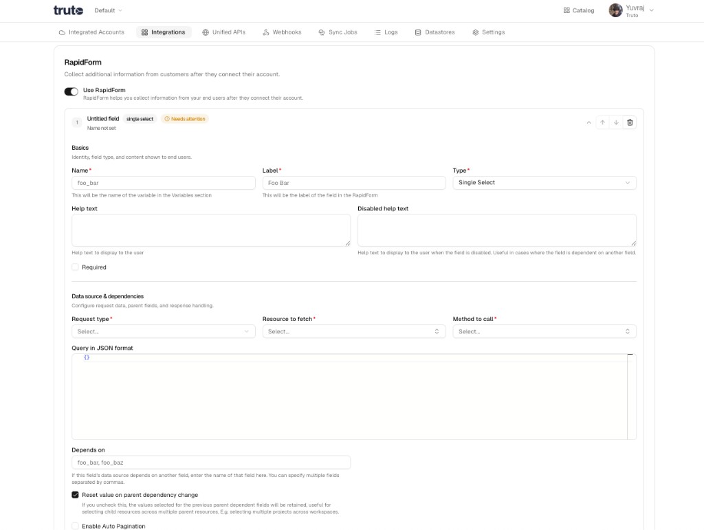 RapidForm field configuration in the redesigned Truto Integrations UI