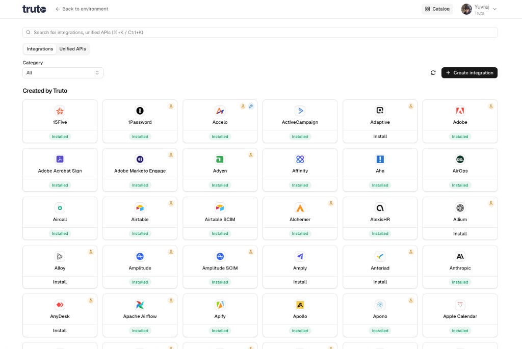 Truto Catalog integrations grid with search, category filters, and install status