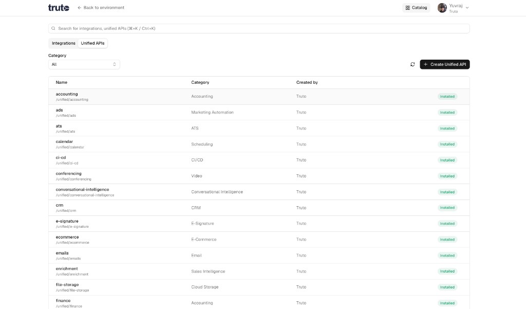 Truto Catalog Unified APIs list with consistent table layout and installed status