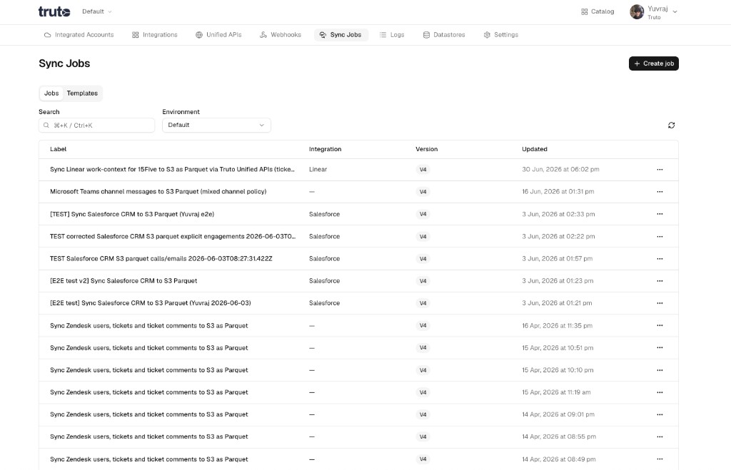 Redesigned Sync Jobs list with search, environment filter, and job table