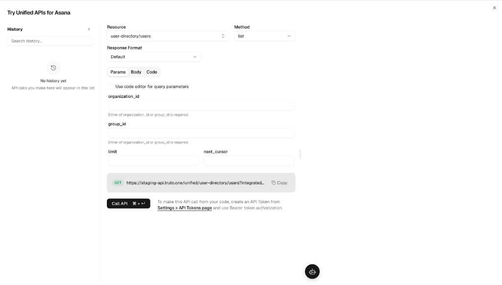 Try API params for the Asana user-directory list method showing organization_id and group_id with an "Either of organization_id or group_id is required" hint, plus limit and next_cursor
