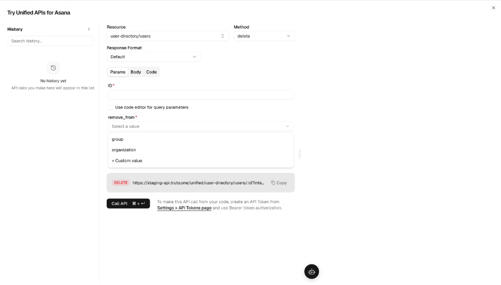remove_from enum field open showing group, organization, and + Custom value options