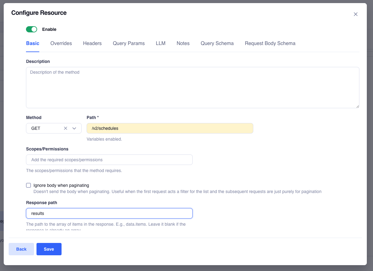 Integrated account showing the Custom Resource Modal to configure resource