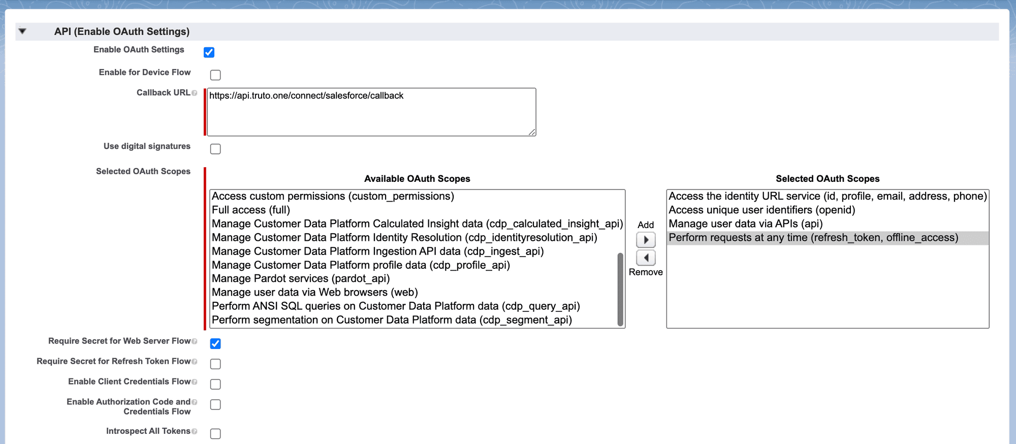 OAuth Settings for the Connected App
