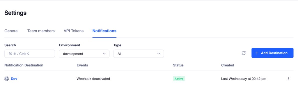 Truto Notifications settings page showing an active Slack notification destination for webhook deactivation alerts