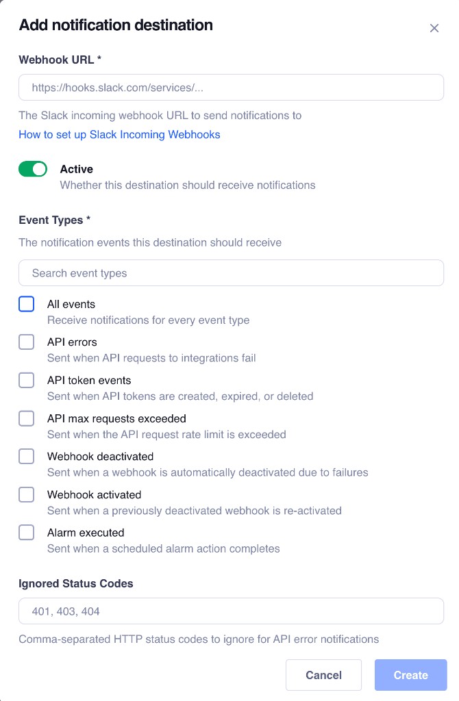 Truto Slack notification destination form showing event type checkboxes and ignored HTTP status codes configured as 401, 403, and 404
