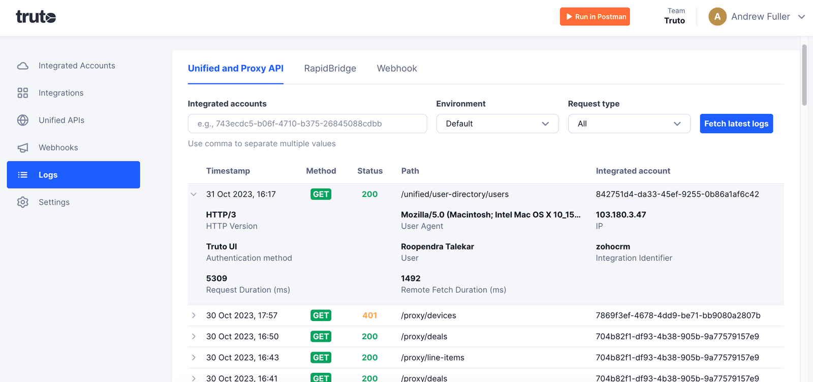 Truto Logs dashboard showing a table of API requests with timestamps, GET methods, status codes, and resource paths.
