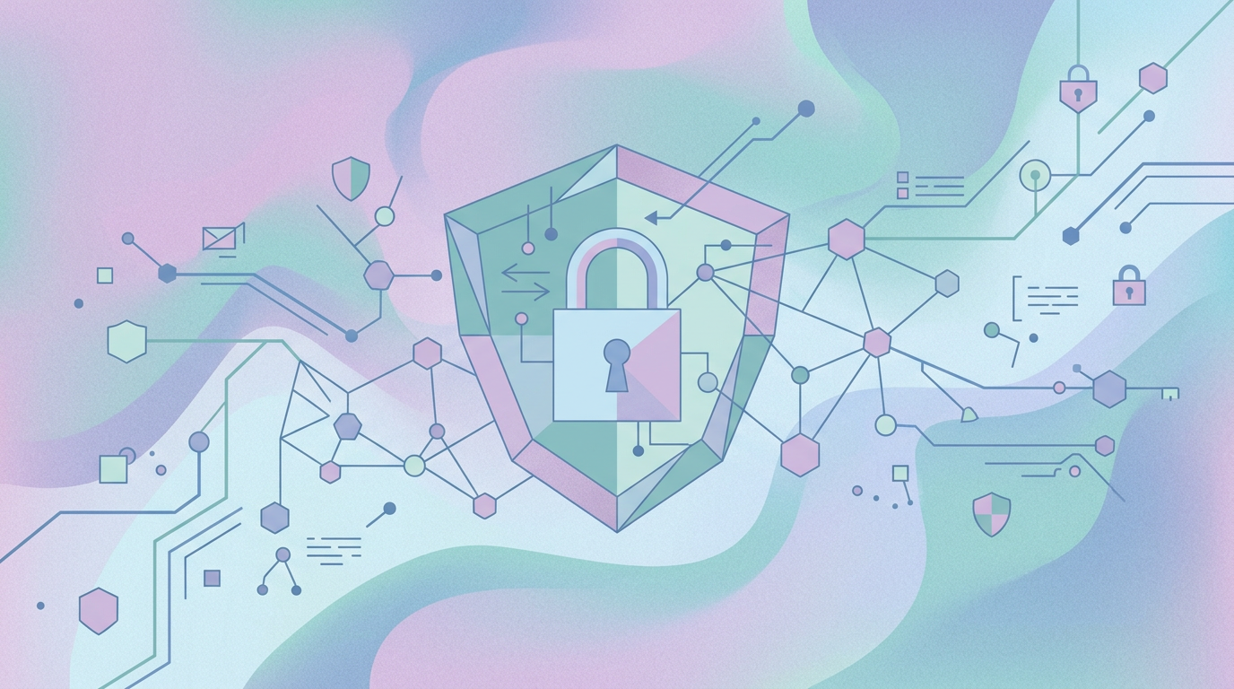 Abstract illustration of security shields and network connections